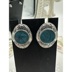 Vintage Concho Style Earrings Blue Enamel Southwestern Western Jewelry